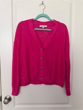 LOFT Bright Pink Button-Front V-Neck Cardigan